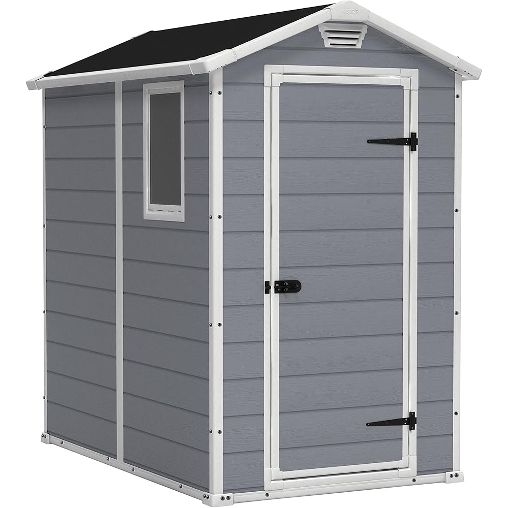 Keter Manor 4x6 Resin Outdoor Storage Shed Kit-Perfect to Store Patio Furniture, Garden Tools Bike Accessories, Beach Chairs and Lawn Mower, Grey & White : Tools & Home Improvement