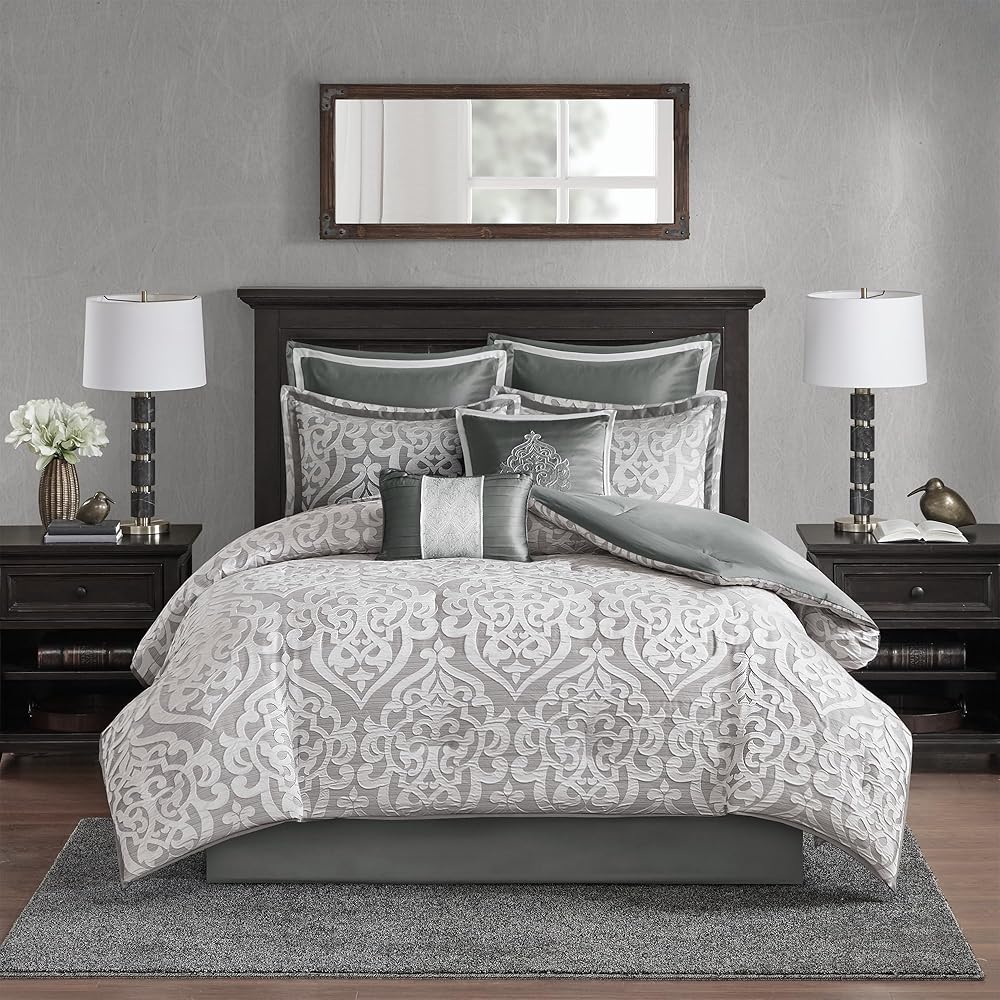 Madison Park Odette Cozy Comforter Set Jacquard Damask Medallion Design - Modern All Season, Down Alternative Bedding, Shams, Decorative Pillows, King(104 in x 92 in), Silver 8 Piece : Home & Kitchen