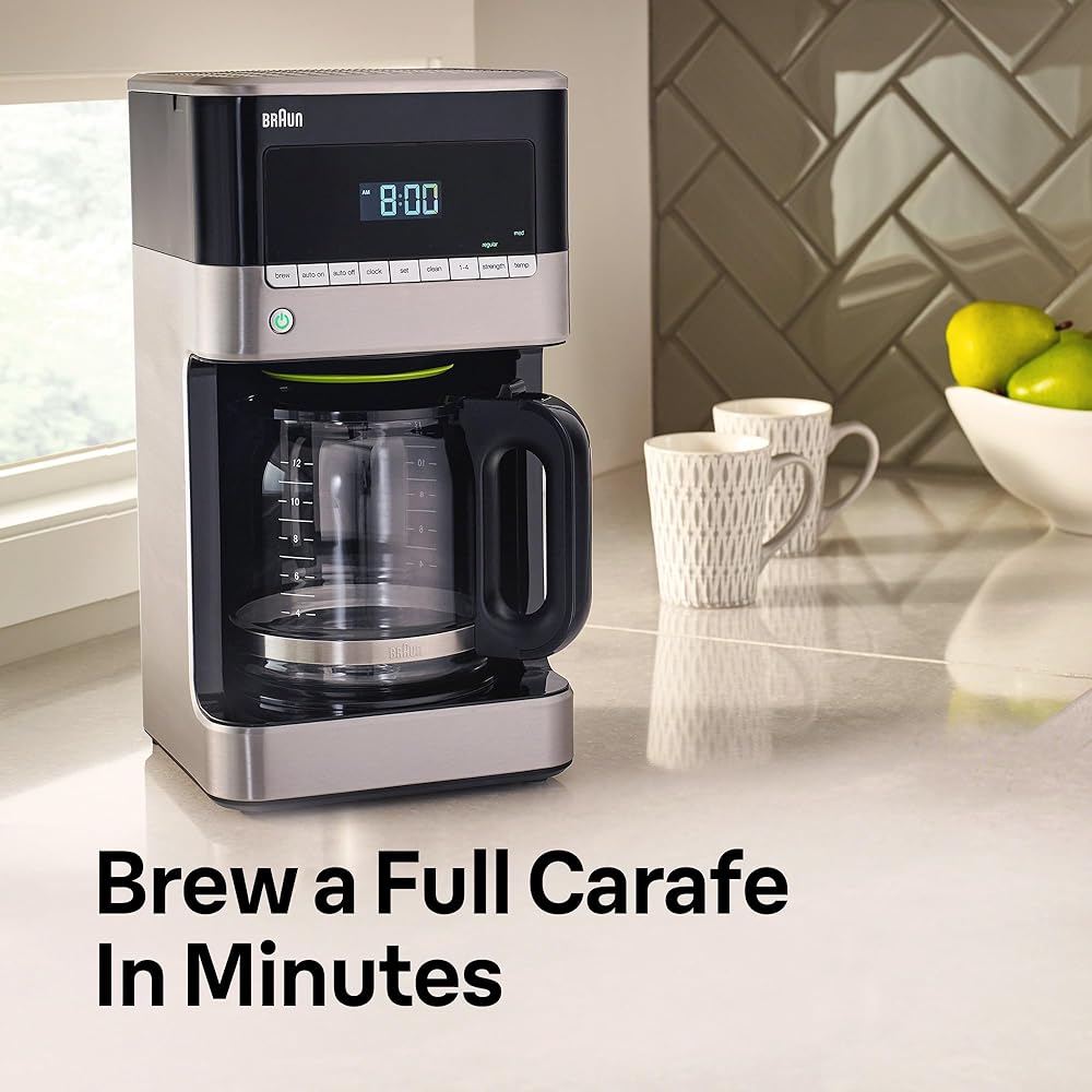 Braun BrewSense 12 Cup Drip Coffee Maker - Pause & Pour Mid Brew, Coffee Machine with 24-Hour Timer & Clock, Bold & Regular Strength, 1-4 Cup Functions, Self Clean, Auto Shutoff, Stainless Steel: Home & Kitchen