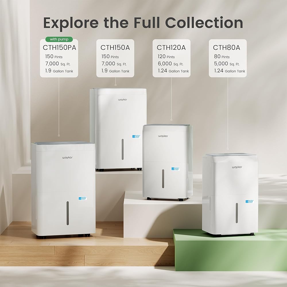 - Waykar 120 Pint Energy Star Dehumidifier for Home, Basement, Large Rooms up to 6,000 Sq. Ft. - Auto Defrost, Ultra Quiet(40 dB), Auto Comfort Mode, with Drain Hose & Water Tank