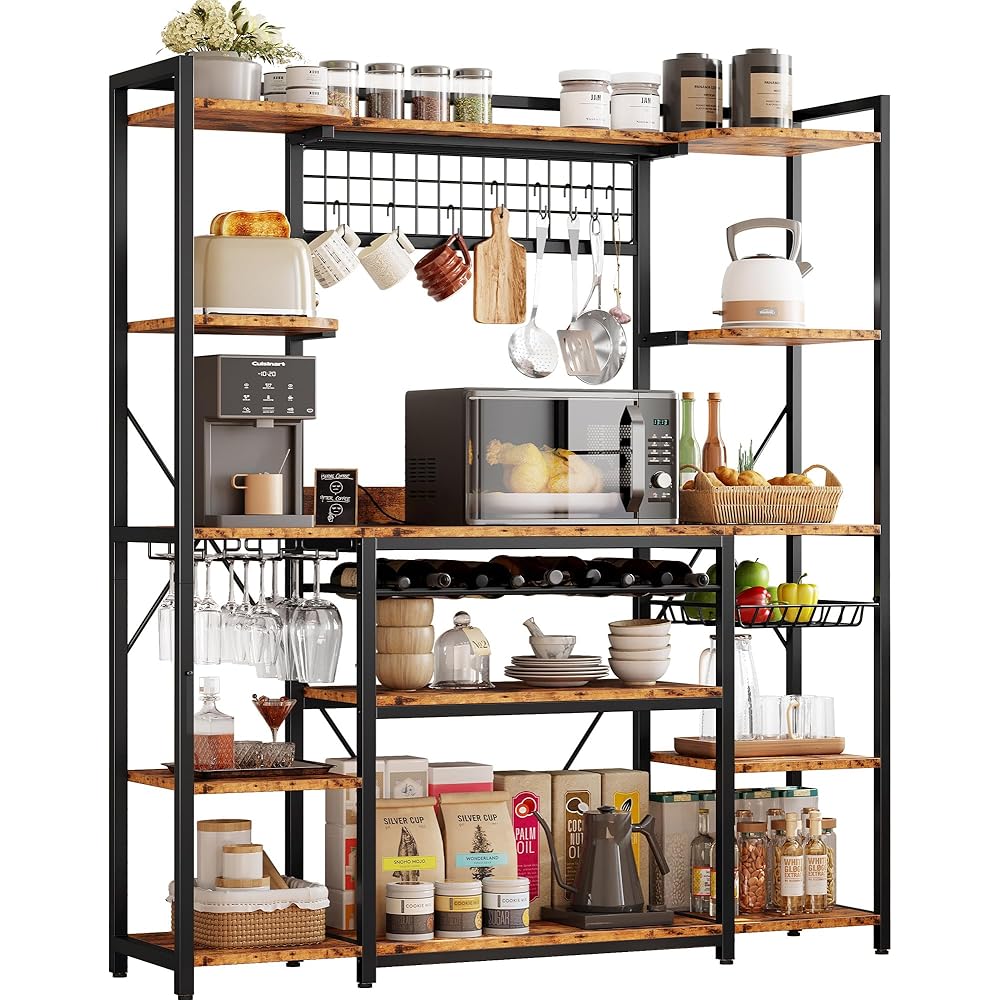 - IRONCK Large Bakers Rack with Power Outlet, 62 Inch Wide Microwave Stand, Coffee Bar with Storage, Kitchen Racks and Shelves - Standing Baker's Racks
