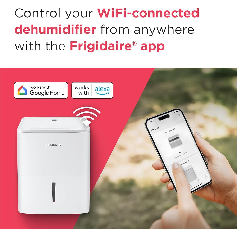 - Frigidaire 50-Pint Portable Dehumidifier with Wi-Fi and Energy Star Certification for Medium/Large Rooms & Basements, Custom Humidity Control, Auto Shut Off, White
