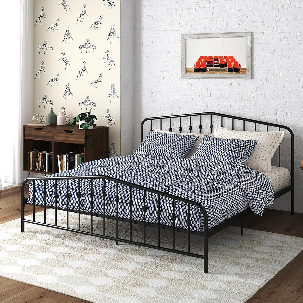 Novogratz Bushwick Modern Metal Bed, Slightly Triangular Headboard and Footboard with Inset Spindles, Adjustable Base Height for Underbed Storage, Requires No Box Spring, King Size - Black : Home & Kitchen