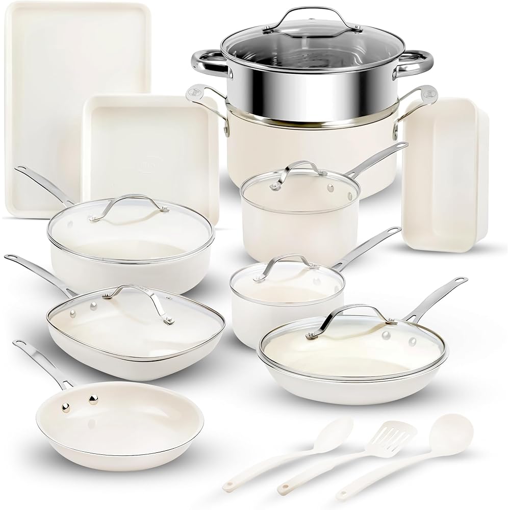 GOTHAM STEEL 20 Pc Ceramic Cookware Set Nonstick, Ceramic Pots and Pans Set Non Stick for Kitchen with Bakeware, Cooking Utensils & Steamer, Non Toxic PFOA PFOS Free, Oven & Dishwasher Safe