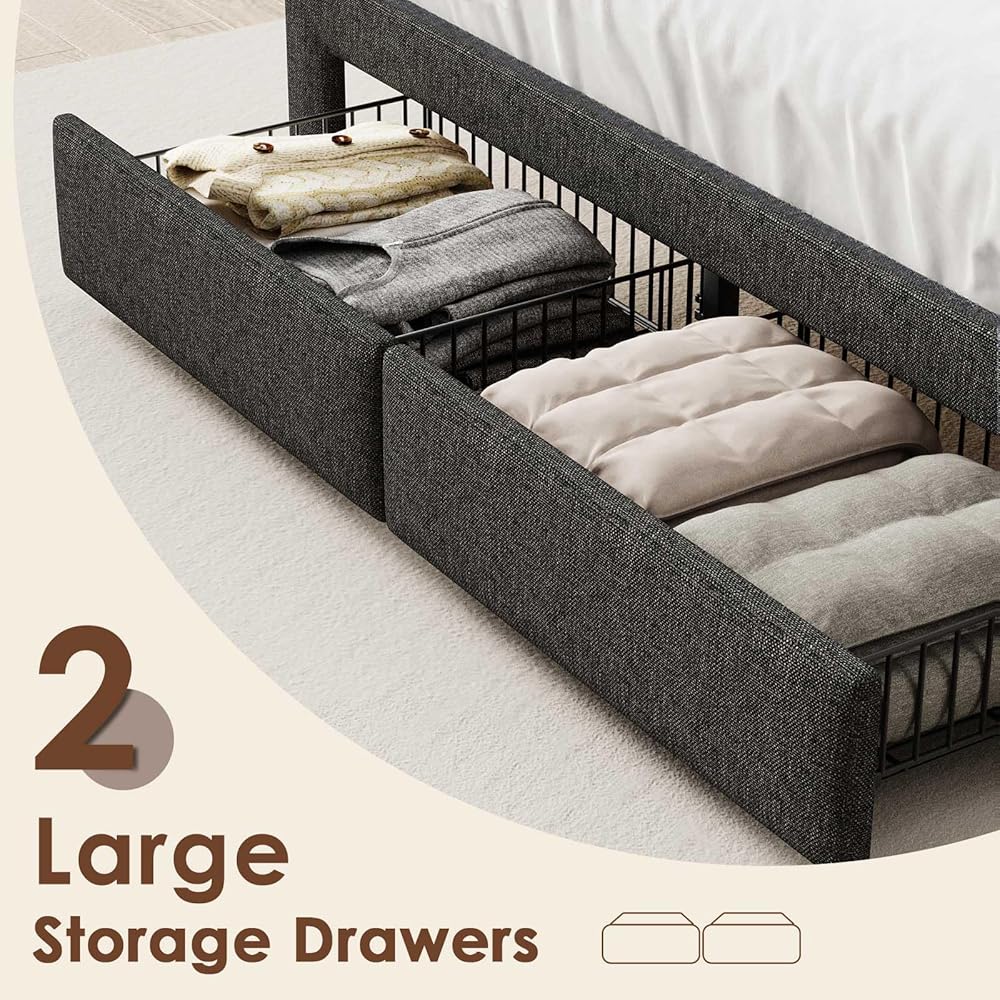 Driftalia LED King Size Bed Frame with 2 Storage Drawers, Upholstered King Bed Frame with Headboard and Charging Station, No Box Spring Needed, Easy to Assembly-Dark Grey : Home & Kitchen