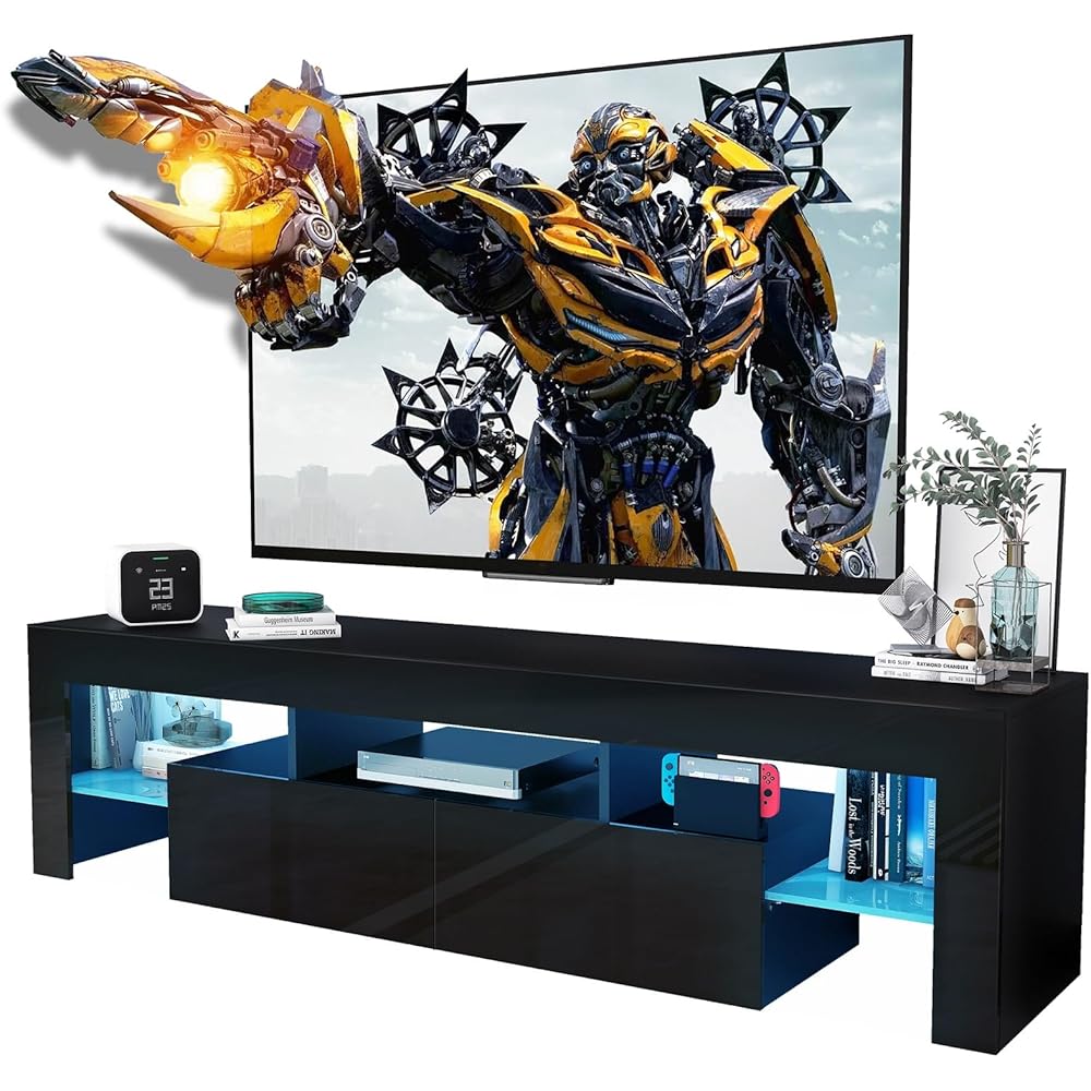 CFTEL Black TV Stand, 60 65 70 75 inch Wood TV Stand, High Glossy Entertainment Center with Large Drawers&Glass Display Shelf, LED Modern Media Gaming Cabinet TV Console for Livingroom, Bedroom : Home & Kitchen