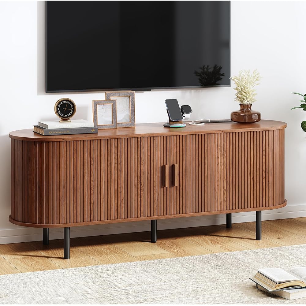 TV Stand with Power Outlet, Mid-Century Modern Television Stand, Media Console with Sliding Doors, Entertainment Center for TVs up to 60 Inch, Adjustable Shelves, Walnut : Home & Kitchen