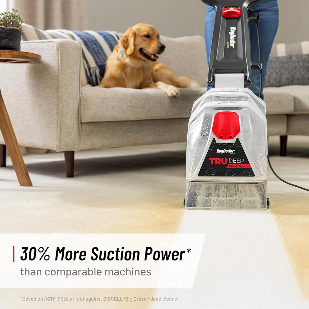 - Rug Doctor Pet TruDeep Carpet Cleaner, Pet Upholstery Tool, Best-In-Class Suction Power, Dual Brush Cross-Action Technology for One-Pass Cleaning