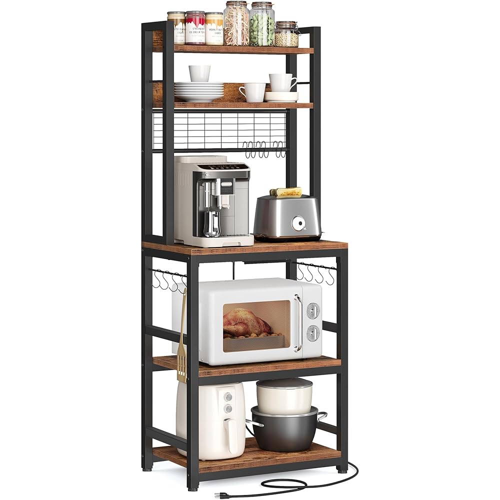 - VASAGLE Hutch Bakers Rack with Power Outlet, 14 Hooks Microwave Stand, Adjustable Coffee Bar with Metal Wire Panel, Kitchen Storage Shelf, 15.7 x 23.6 x 66.9 Inches, Rustic Brown and Black UKKS037B01 - Standing Baker's Racks