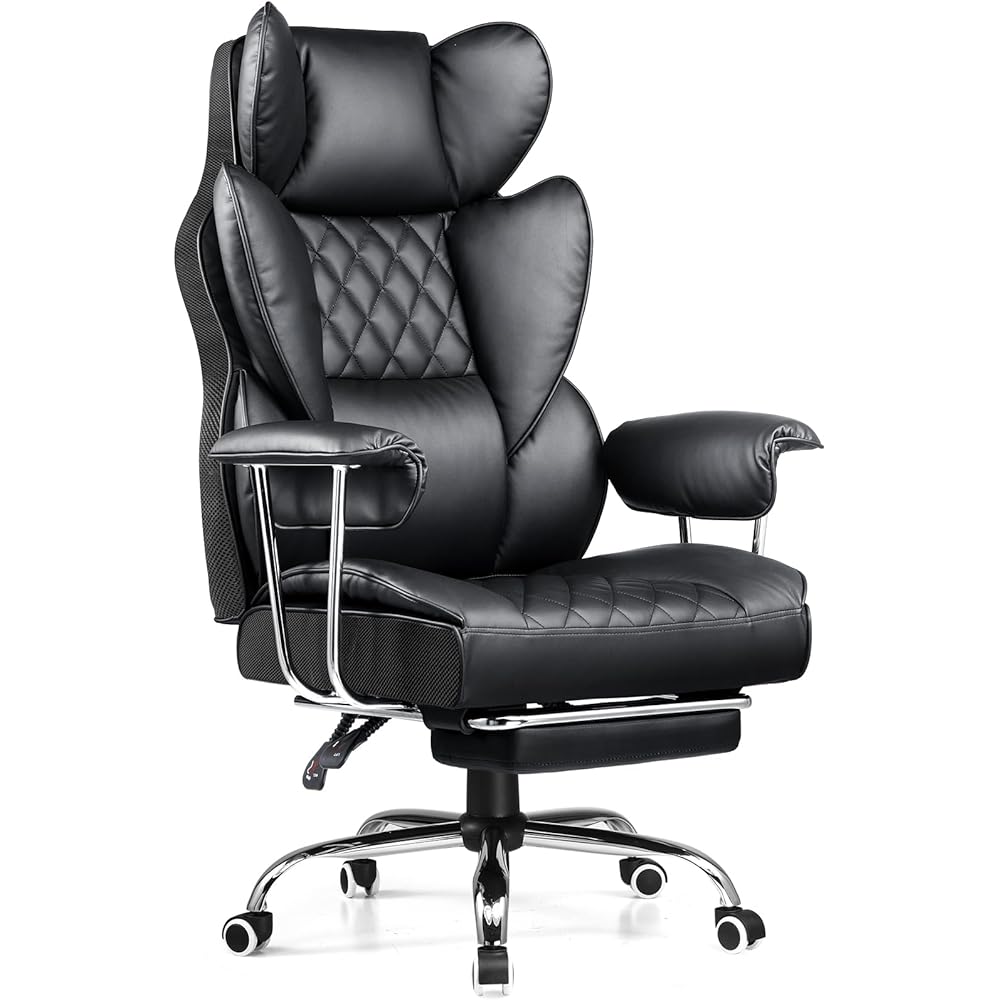 COMHOMA Big and Tall Office Chair, High Back Leather Gaming Chair with Footrest, Executive Ergonomic Office Chair with Pocket Spring Lumbar Support and with Outward Fixed Soft Armrests : Home & Kitchen