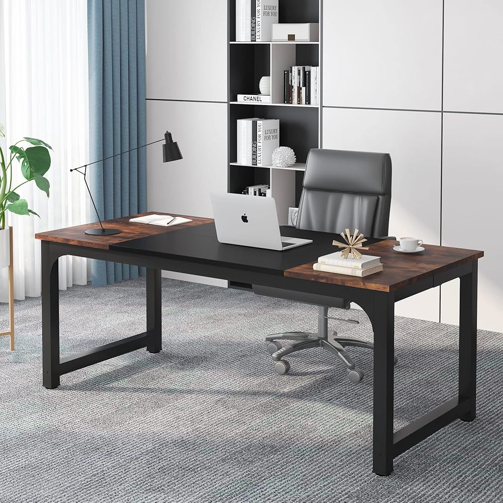 Tribesigns 70.8”Executive Desk, Large Office Computer Desk with Thicken Frame, Modern Simple Workstation Business Furniture for Home Office, Rustic Brown/Black : Home & Kitchen