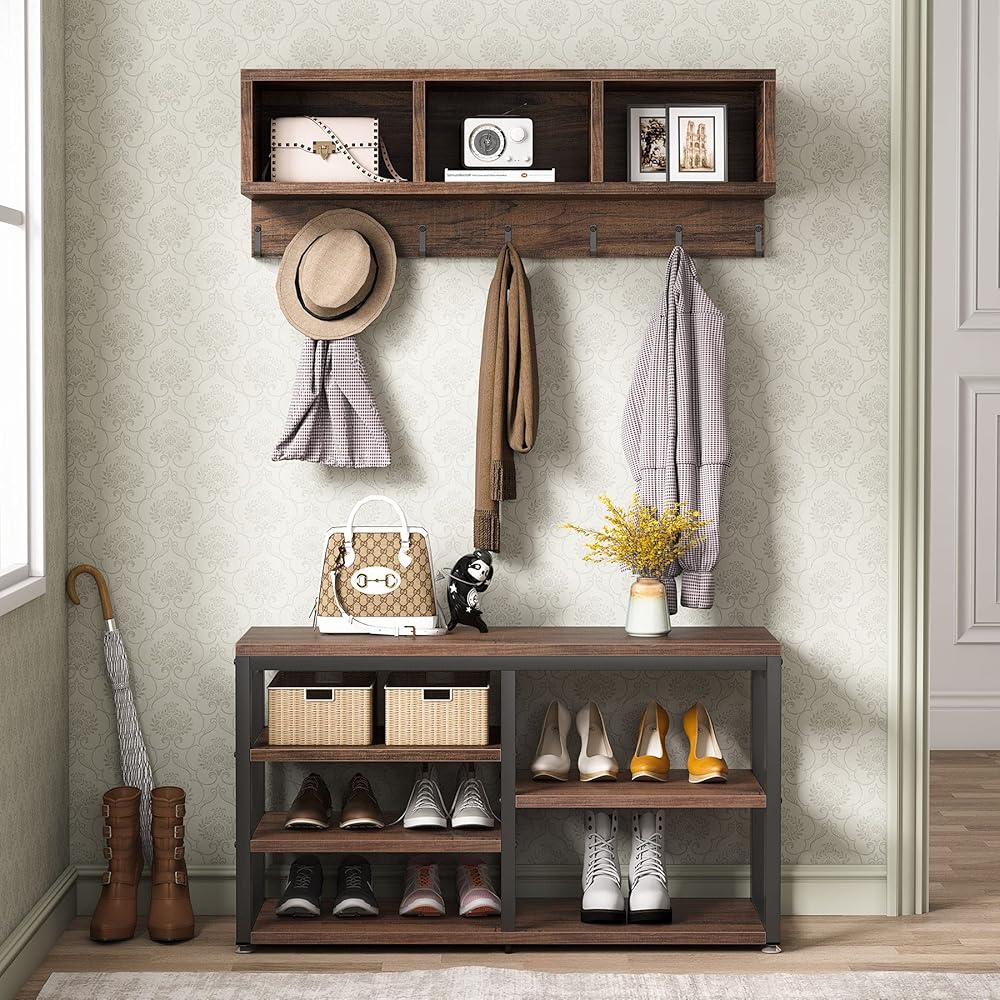 Tribesigns Industrial [Shoe] [Rack] [Bench] with Coat [Rack] Set with Hall Tree, 3 Storage Cubbies, 7 Hooks for Entryway, Hallway, 5-in-1Design, Rustic Brown : Home & Kitchen