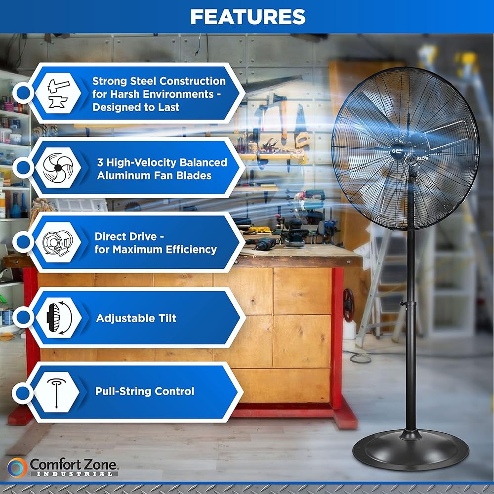 Comfort Zone Industrial Pedestal Fan, 30 inch, 3 Speed, High Velocity, Adjustable Height 56” to 76”, Metal, Meets OSHA Standards, Airflow 36 ft/sec, Ideal for Garage, Workshop or Warehouse, CZHVP30 : Home & Kitchen