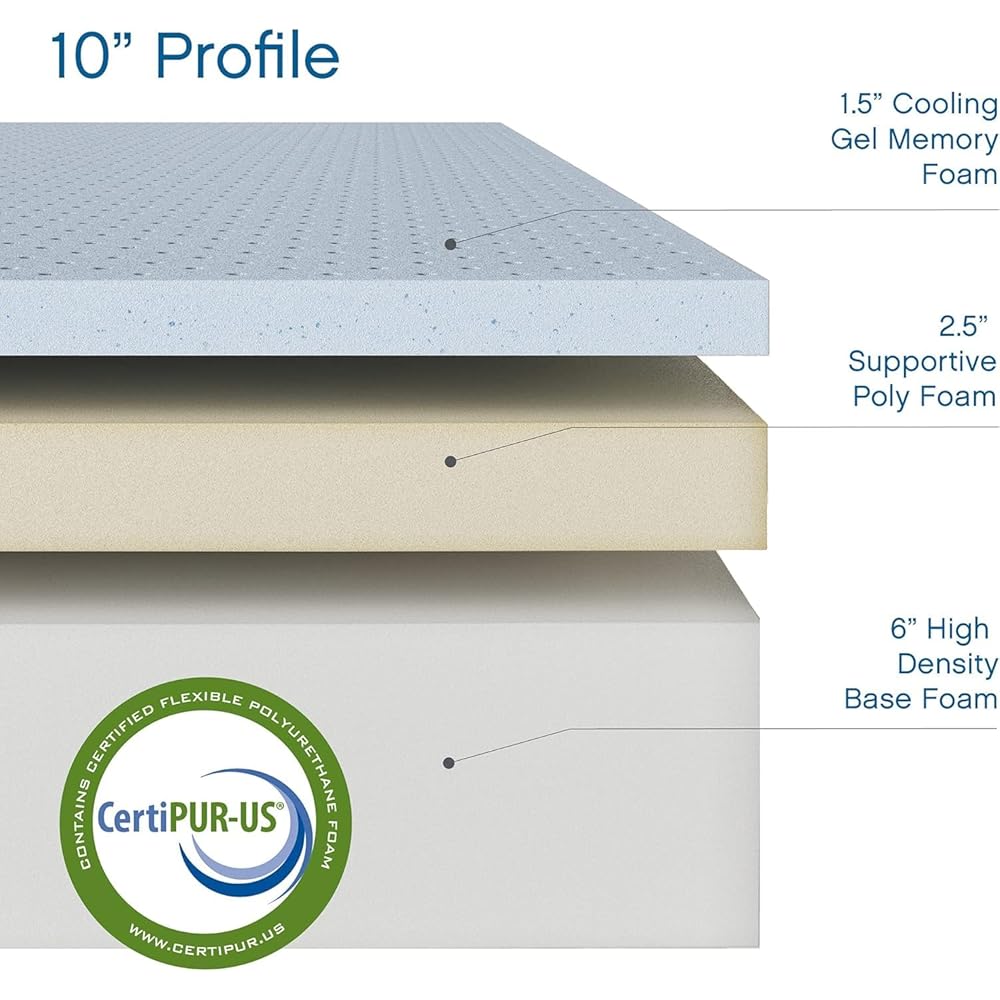 Cool Gel 10 Inch Twin XL Mattress Memory Foam Medium Firm, Gel Memory Foam Mattress Twin XL Cooling, Made in the USA, 10