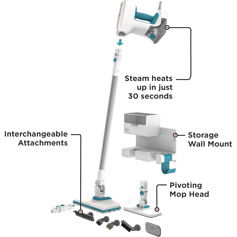 - BLACK+DECKER Steamer, 7 Attachments for Multipurpose Cleaning, Includes Storage Wall Mount (BHSM15FX10)