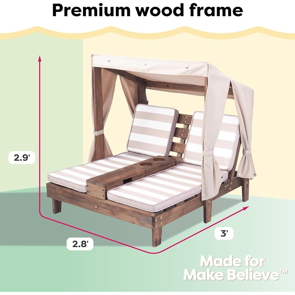 KidKraft Wooden Outdoor Double Chaise Lounge with Cup Holders, Patio Furniture for Kids or Pets, Espresso with Oatmeal and White Striped Fabric : Everything Else