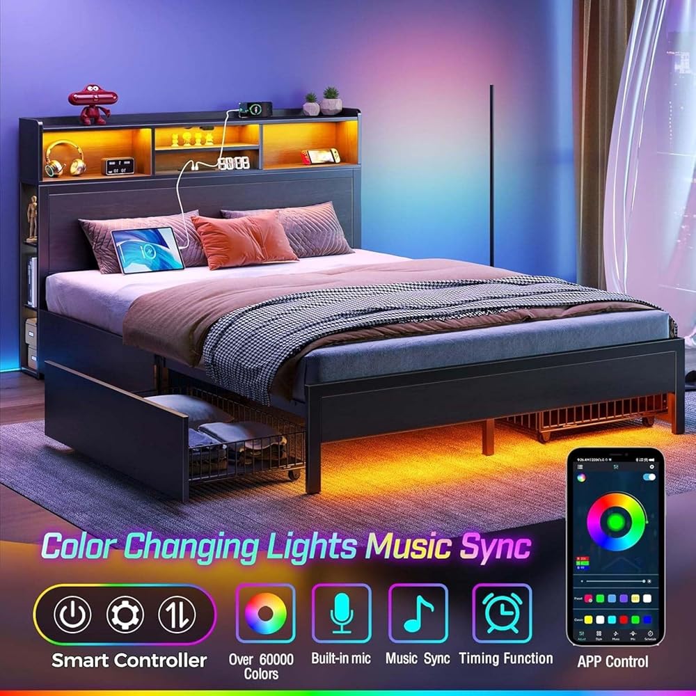 Rolanstar Queen Bed Frame with Storage,4-Drawer Platform Bed with USB Charging Station,Built in LED Lights and Bookcase Headboard,No Box Spring Needed,Easy Assembly,Noise-Free,Black : Home & Kitchen