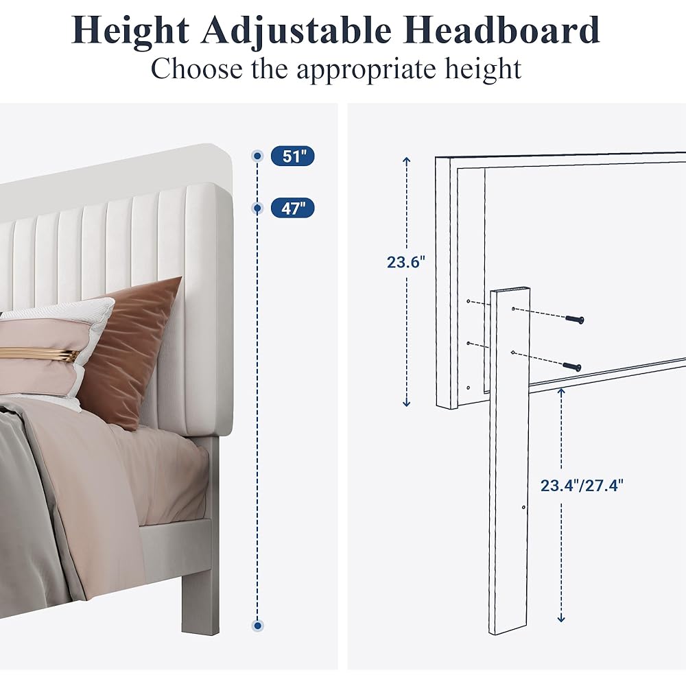 Allewie Queen Bed Frame, Velvet Upholstered Platform Bed with Adjustable Vertical Channel Tufted Headboard, Mattress Foundation with Strong Wooden Slats, Box Spring Optional, Easy Assembly, White : Home & Kitchen
