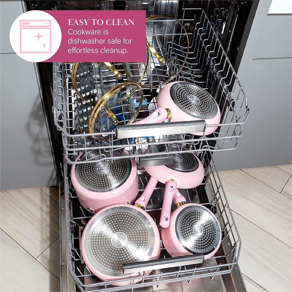 Paris Hilton Epic Nonstick Pots and Pans Set, Multi-layer Nonstick Coating, Tempered Glass Lids, Soft Touch, Stay Cool Handles, Made without PFOA, Dishwasher Safe Cookware Set, 12-Piece, Pink: Home & Kitchen