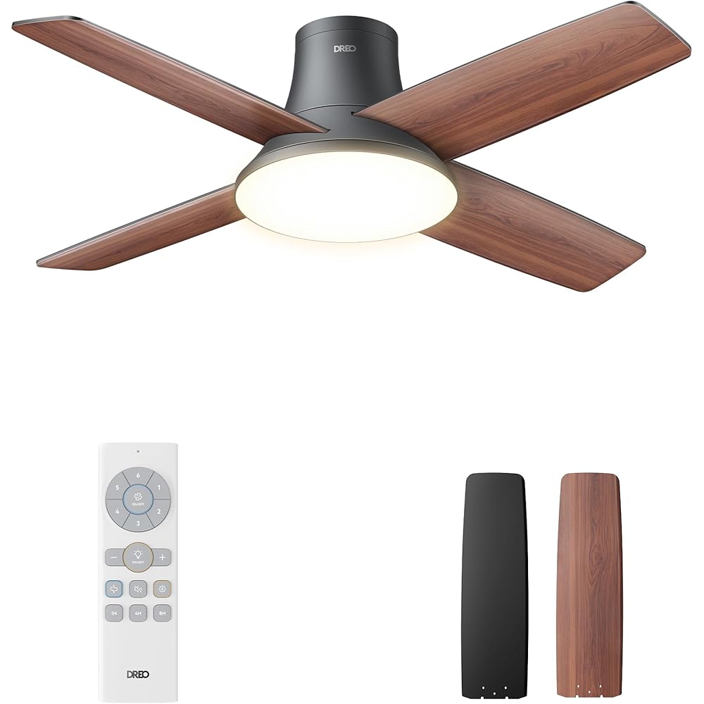 Dreo Ceiling Fans with Lights, 44'' Low Profile Black Ceiling Fan with Remote Control for Bedroom, 6-Level Dimmable Lighting & 5-Color Tone, 6 Speeds, Reversible DC Motor, Easy Installation, Timer -