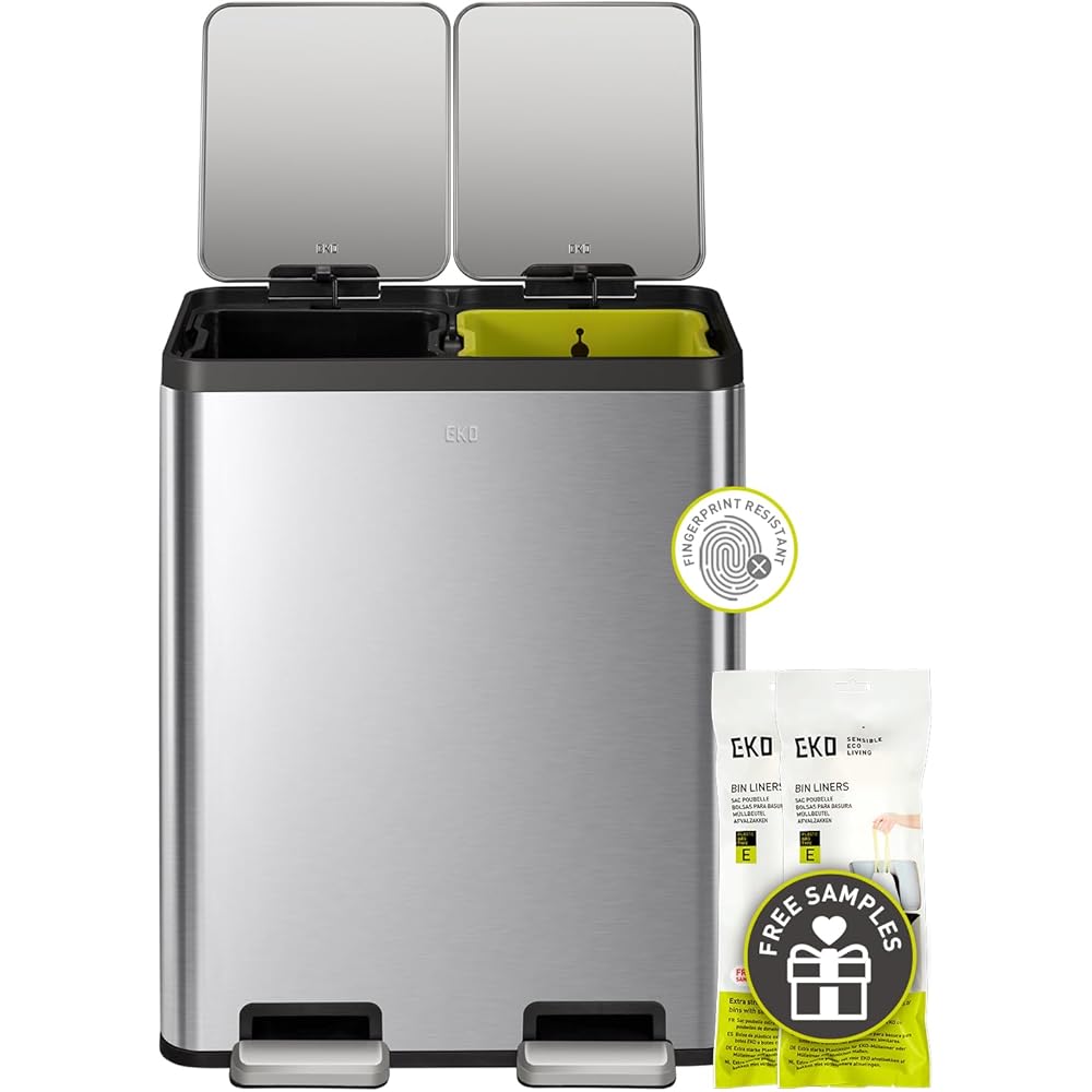 EKO EcoCasa 30L+30L Dual Trash Can with Recycle Bin, Stainless Steel Independent Pedals and Lids, 2 x 8 Gal Trashcans for Kitchen, Soft Close, Fingerprint Resistant : Home & Kitchen