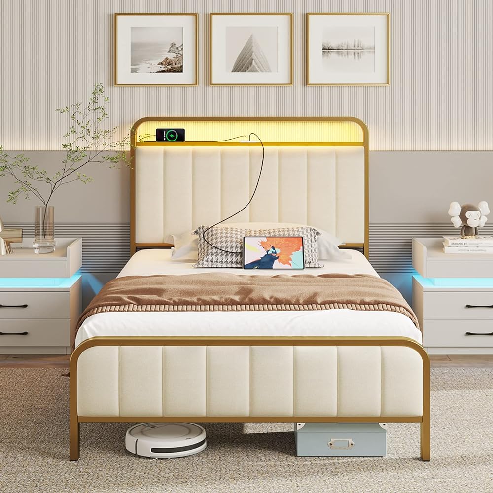 Rolanstar Twin Size Bed Frame with LED Light and Charging Station, Upholstered Headboard and Footboard, Metal Slat, Golden : Home & Kitchen