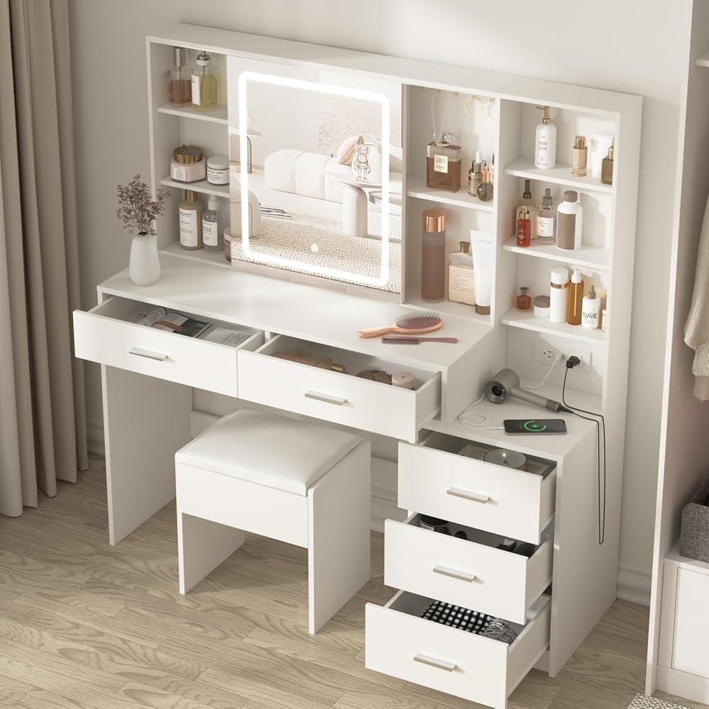 Fameill Vanity Desk with Mirror and Lights, Makeup Vanity with 5 Drawers, Makeup Desk with Charging Station and Ample Storage, Dressing Table with Chair for Bedroom Room (White) : Home & Kitchen