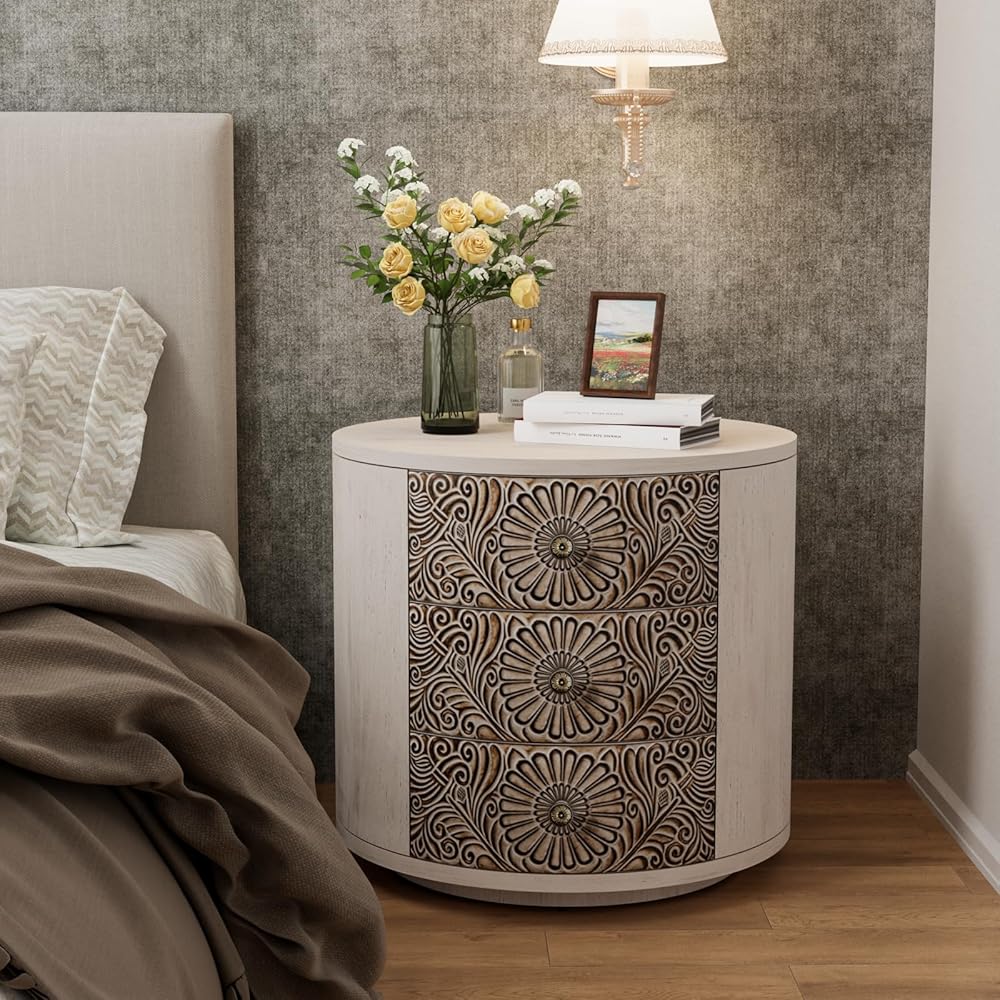 COSIEST 3 Drawer Chest of Drawers, 20 inch MDF Round Storage Cabinet, Retro Whitewash Finish Nightstand, Wood Bedside Table with Drawers for Bedroom Living Room,Light Gray : Home & Kitchen