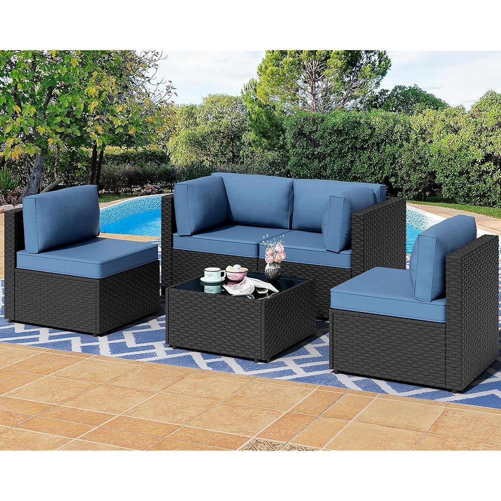 Shintenchi 5 Pieces Outdoor Patio Sectional Sofa Couch, PE Wicker Furniture Sets, Patio Conversation Sets with Washable Cushions Glass Coffee Table for Garden, Poolside, Backyard, Aegean Blue : Everything Else
