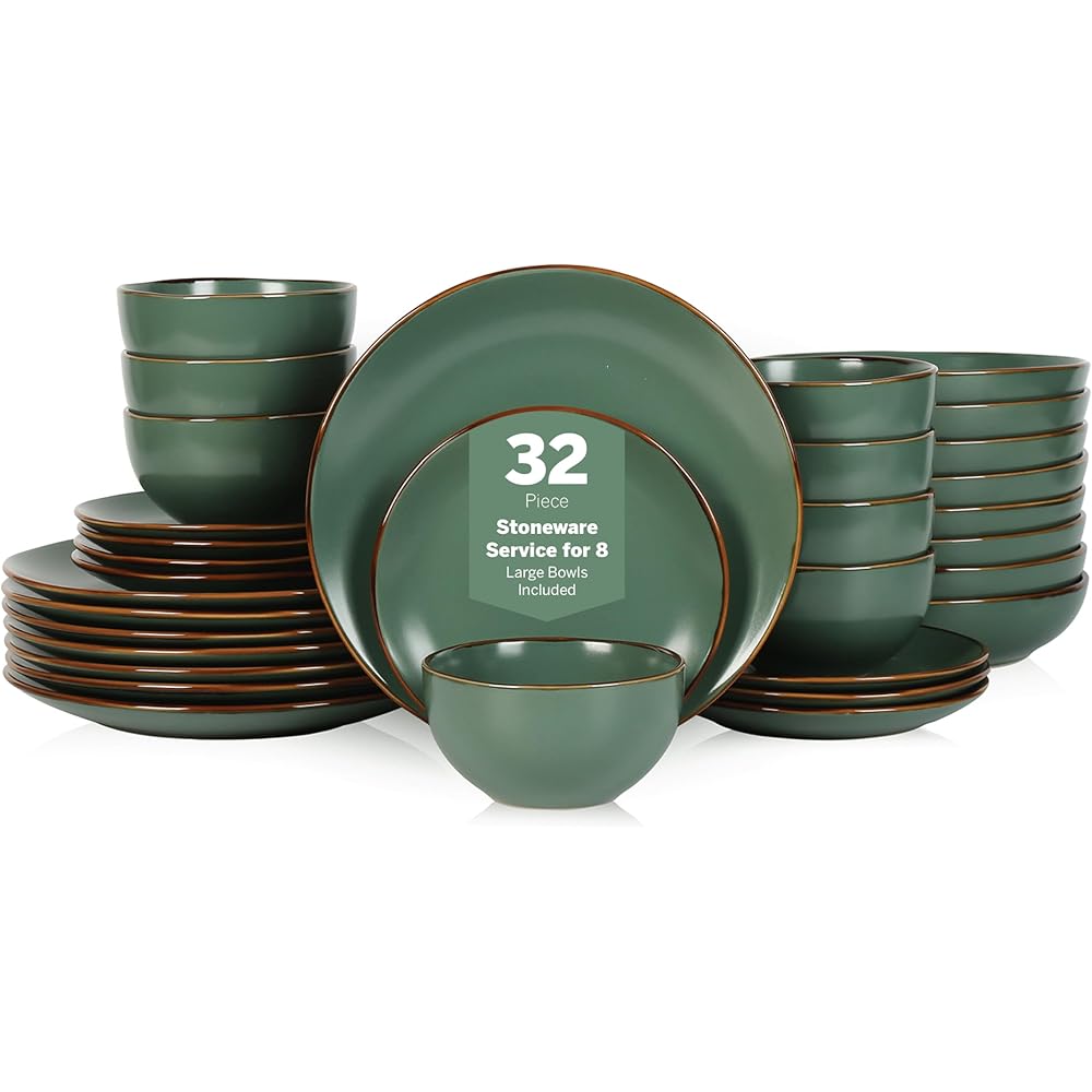 | Stone Lain Brasa Modern Stoneware 32 Piece Dinnerware Sets, Plates and bowls Sets, Dish Set for 8, Green: Dinnerware Sets