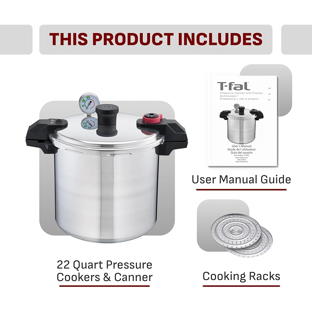 T-fal Pressure Cooker Aluminum Pressure Canner, 22 Quart, 3 PSI Settings, Cookware, Pots and Pans, Large Capacity, Cooling Racks, Recipe Booket, Canning Vegetables, Meats, Poultry, Seafood, Silver: Home & Kitchen