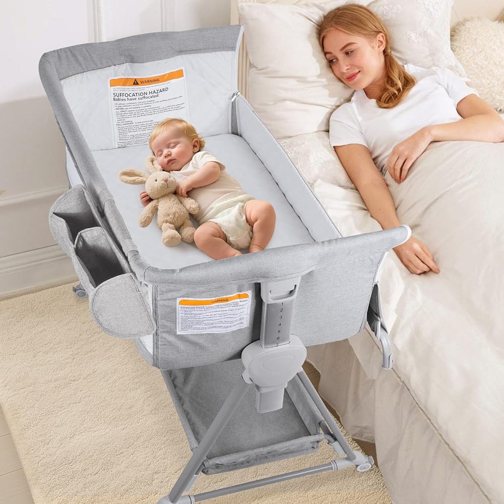 BIERUM Baby Bassinet for Baby - 7 Height Adjustable Bedside Bassinet with Lockable Wheels, Easy to Assemble Portable Bedside Crib with Large Storage Bag & Mattress for Newborn/Infant : Baby