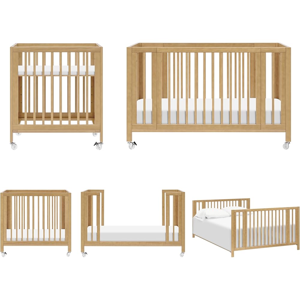 babyletto Rolli 9-in-1 Convertible Baby Crib w/Wheels - Includes Pad & Conversion Kits for Bassinet, Standard Crib, Toddler Bed, Daybed & Junior Bed - GREENGUARD Gold - 3 Adjustable Heights - Honey
