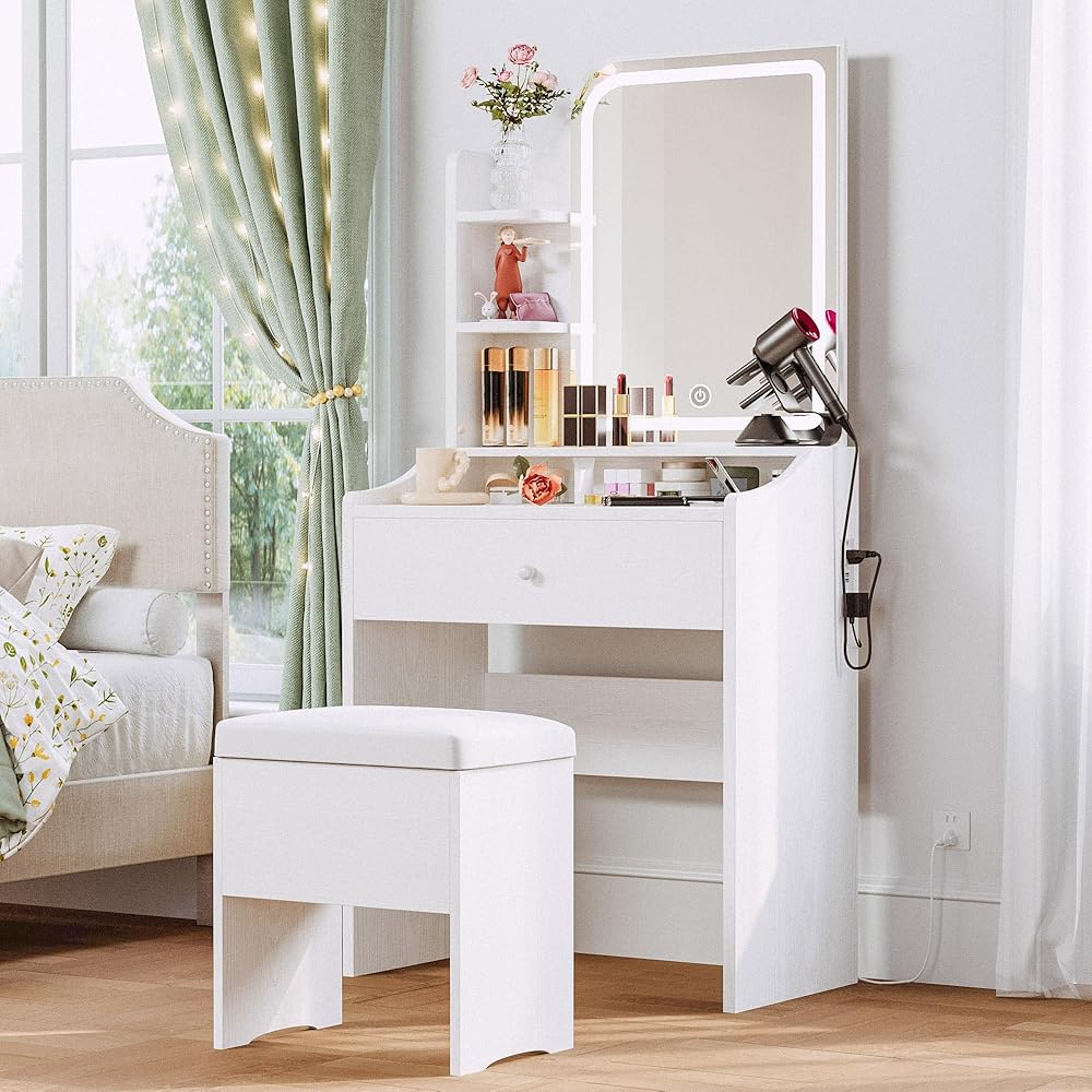 LIKIMIO Small Makeup Vanity Desk with Mirror and Lights, Vanity Table Set with Storage Drawer, Chair and Three Shelves, Bedroom, White : Home & Kitchen