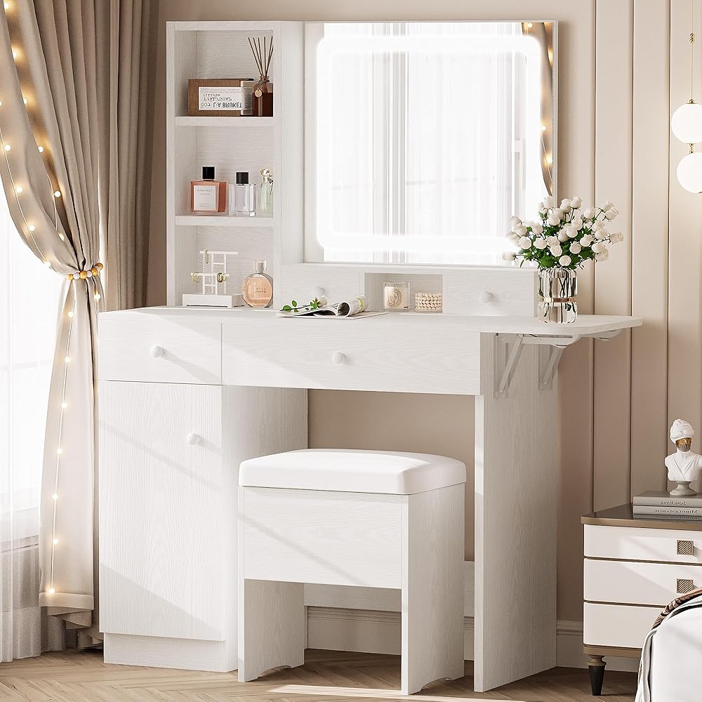 LIKIMIO Vanity Desk with Drawers & LED Lighted Mirror & Power Outlet & Cabinet, Storage Stool, Stylish Bedroom Makeup Table Set, White : Home & Kitchen