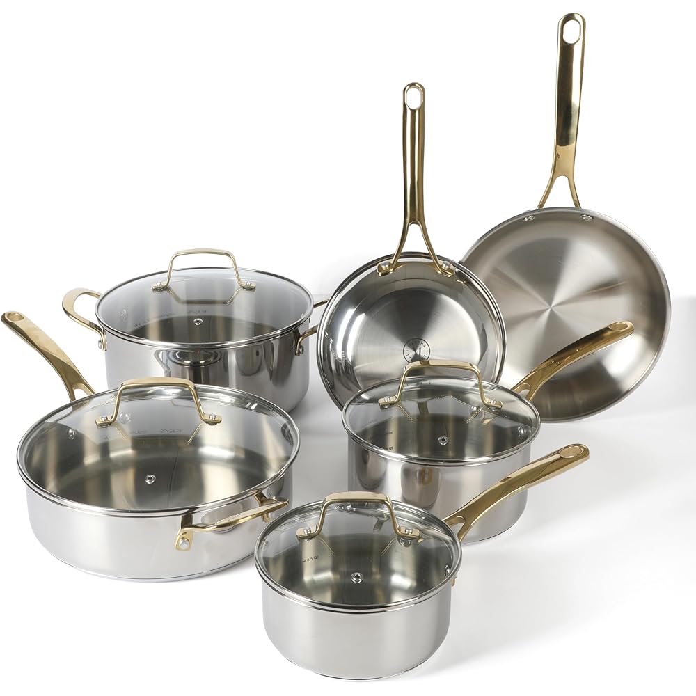 Martha Stewart Castelle 10 Piece 18/8 Durable Stainless Steel Induction Safe Pots and Pans Non-Toxic Kitchen Cookware Set - Gold Handles - Dishwasher Safe: Home & Kitchen