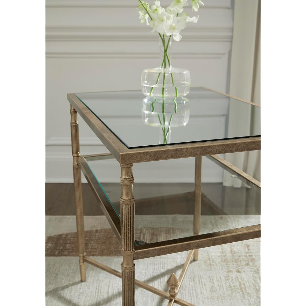 Signature Design by Ashley Cloverty Industrial Mirror-Tabletop End Table with Round Legs and Glass Shelf, Metallic : Home & Kitchen