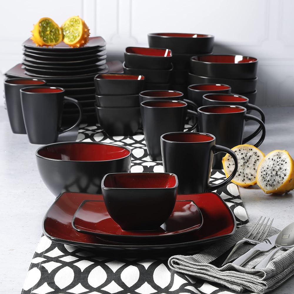 | Gibson Soho Lounge Square Reactive Glaze Stoneware Dinnerware Set, Service for 8 (40pc), Red/Black: Dinnerware Sets