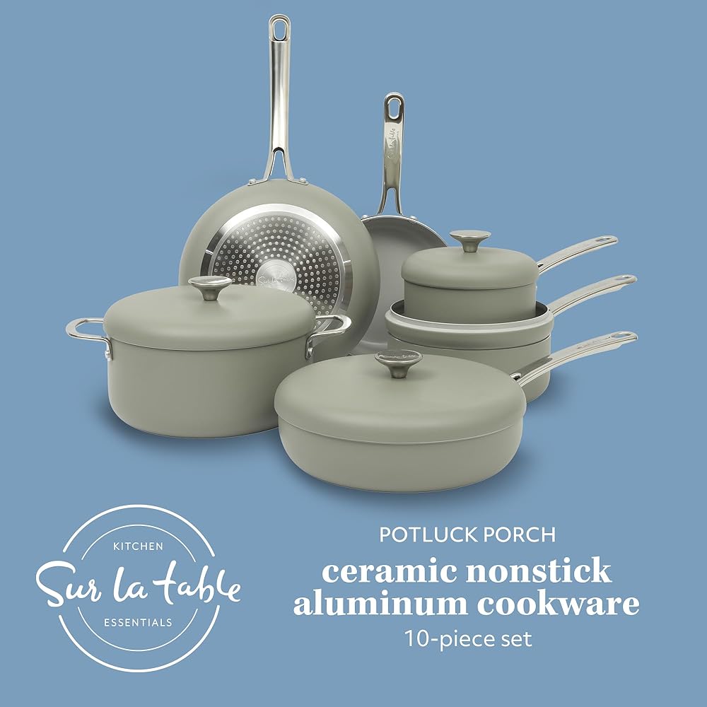 Sur La Table Kitchen Essentials Potluck Porch 10 Piece PFA Free Ceramic Non stick Interior Forged Aluminum Cookware Pots and Pans Set W/Aluminum Lids - Green - Induction Compatible: Home & Kitchen