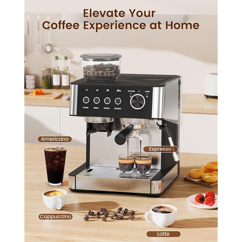 Espresso Machine with Grinder, 20 Bar Expresso Coffee Machines with Milk Frother Steam Wand, Professional Espresso Maker with Removable Water Tank, Cappuccino & Latte Machine for Home