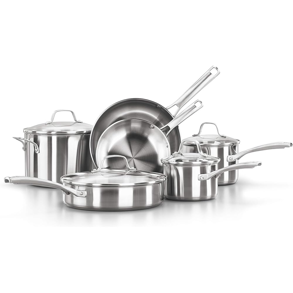 Calphalon Classic Stainless Steel Cookware Set, 10-Piece, Impact-Bonded Aluminum Base, Stay-Cool Handles