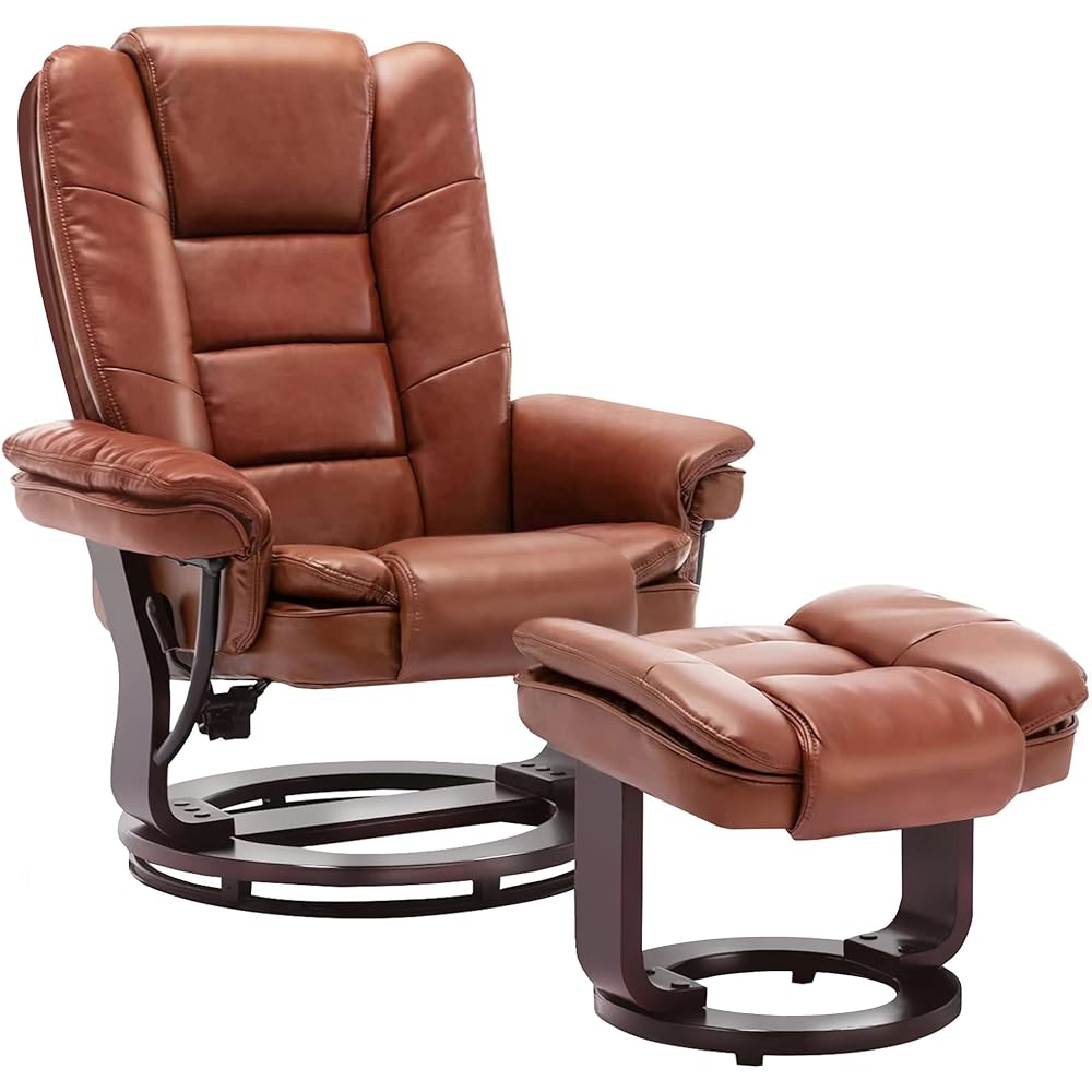 JC Home Argus Swivel Recliner with Ottoman, PU Leather & Wood Base Reclining Chair with Footrest, Ultra-Plush Double Foam for Living Room, Bedroom and Office : Home & Kitchen