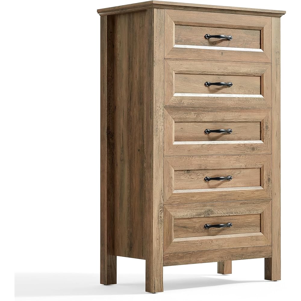 LINSY HOME 5 Drawers Dresser for Bedroom, Wood Tall Chest of Drawer with Metal Handle, Modern Farmhouse Dressers with Storage Organizer for Closet, Living Room, Hallway, Rustic Brown : Home & Kitchen