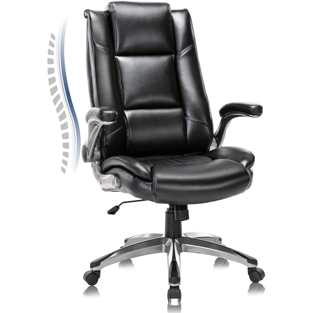 COLAMY Leather Executive Office Chair - High Back Home Computer Desk Chair with Padded Flip-up Arms, Adjustable Tilt Lock, Swivel Rolling Ergonomic Chair for Adult Working Study, Black : Home & Kitchen