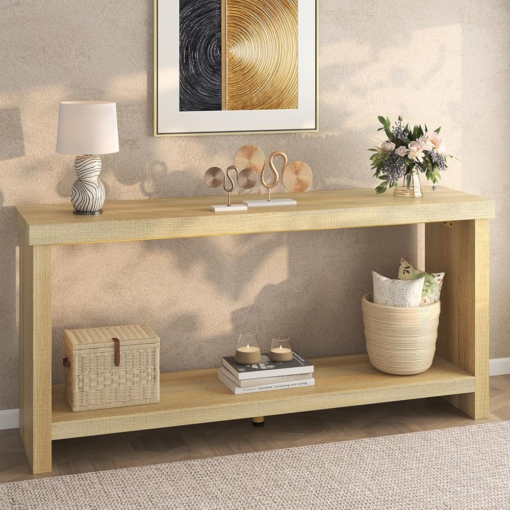 knoworld 63 Inches Narrow Console Table, 2-Tier Long Sofa Tables Behind Couch Table, Farmhouse Foyer Tables for Entryway, Hallway, Living Room, Oak Natural : Home & Kitchen