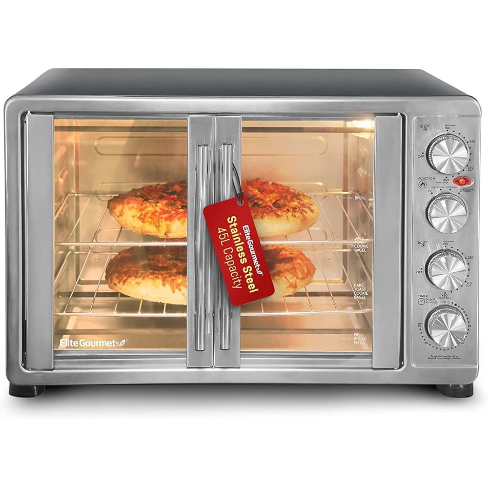 Elite Gourmet ETO4510B French Door 47.5Qt, 18-Slice Convection Oven 4-Control Knobs, Bake Broil Toast Rotisserie Keep Warm, Includes 2 x 14