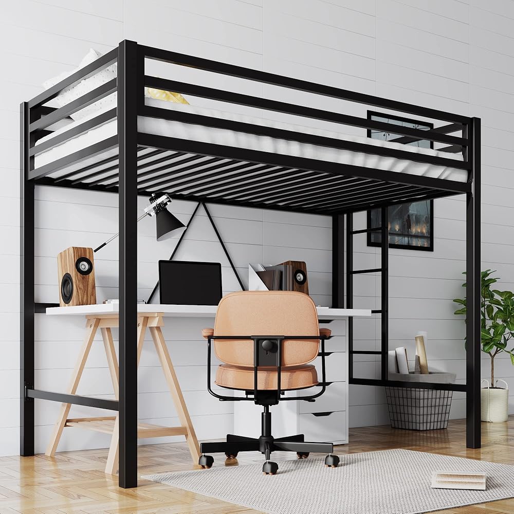 SHA CERLIN Loft Bed Twin Size with Ladder and Guardrail,Heavy Duty Metal Slats Support No Box Spring Needed Small Space Saving Furniture for Bedroom Dorm,Black : Home & Kitchen