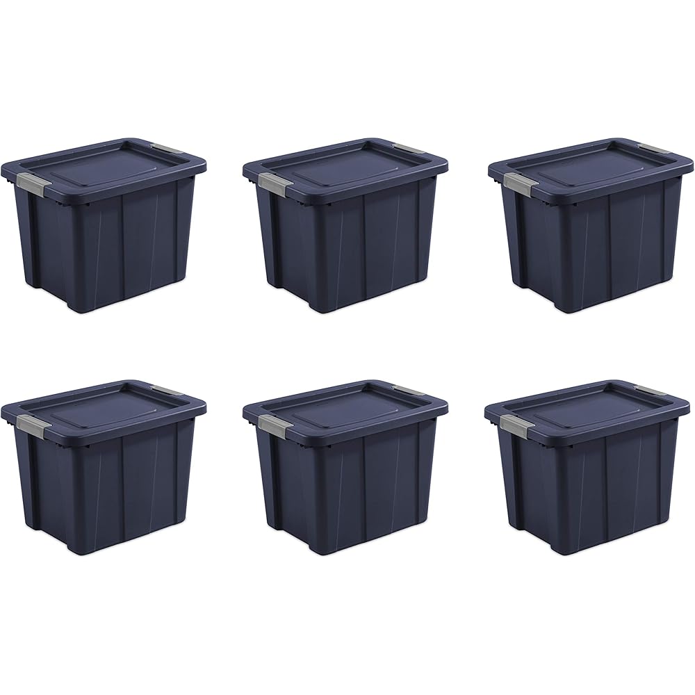 - Sterilite 18 Gal Latching Tuff1 Storage Tote, Stackable Bin with Latch Lid, Plastic Container to Organize Garage, Basement, Blue Base and Lid, 6-Pack, Dark Indigo