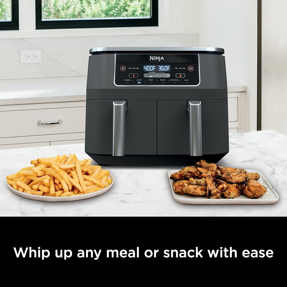 Ninja DZ201 Foodi 8 Quart 6-in-1 DualZone 2-Basket Air Fryer with 2 Independent Frying Baskets, Match Cook & Smart Finish to Roast, Broil, Dehydrate & More for Quick, Easy Meals, Grey : Home & Kitchen