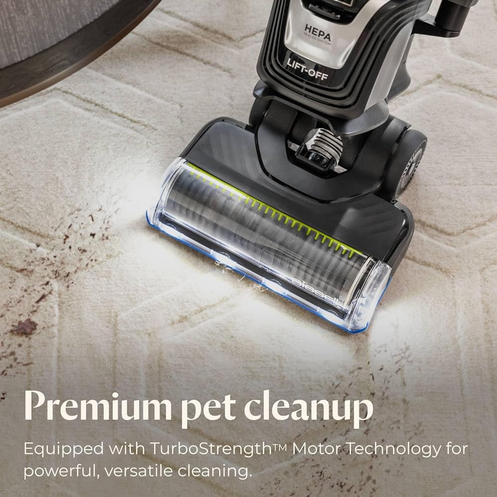 - Bissell Pet Hair Eraser Turbo Lift-Off Vacuum, w/Self-Cleaning Brush Roll, HEPA Filtration, Powerful Pet Hair Pickup with TurboBrush Pivot Tool & LED-lit dusting Brush & Crevice Tool, 3774F